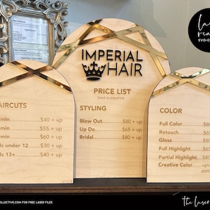 Título: Placa de lista de preços de três painéis, arquivo de corte a laser, placa de preço para salão de beleza e spa, placa de salão de beleza, arquivo de corte a laser