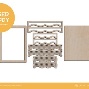 May include: Laser cut design for a wooden picture frame with a decorative border. The design includes a frame, a mat, and a decorative border with a wavy pattern. The design is labeled "Laser Ready" and "SVG-EPS-DXF".