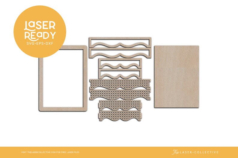 May include: Laser cut design for a wooden picture frame with a decorative border. The design includes a frame, a mat, and a decorative border with a wavy pattern. The design is labeled "Laser Ready" and "SVG-EPS-DXF".