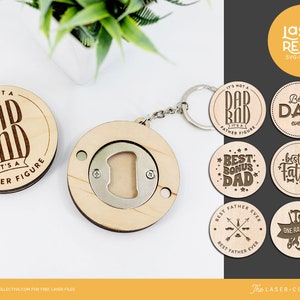 May include: A set of laser cut wooden coasters with various designs and sayings related to fathers. The designs include "It's not a Dad Bod, It's a Father Figure", "Best Dad Ever", "Best Bonus Dad", "Best Father Ever", and "One Rad Dad".