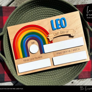 May include: A wooden sign with a rainbow design, a space for a child's name, and the text "Last day of", "things I love the most", and "when I grow up, I want to". The sign is on a green and red checkered surface.