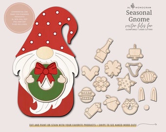 Seasonal Gnome with Interchangeable Elements for Sign | Holiday Gnome | SVG Laser Cut Files for Glowforge + CNC Machine