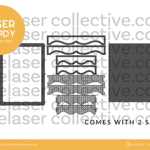 May include: A digital design file for a laser-cut decorative border with a wavy pattern. The design comes in two sizes and is labeled "Laser Ready" with the file types SVG, EPS, and DXF.
