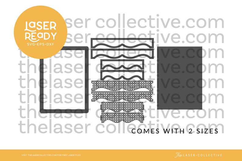 May include: A digital design file for a laser-cut decorative border with a wavy pattern. The design comes in two sizes and is labeled "Laser Ready" with the file types SVG, EPS, and DXF.