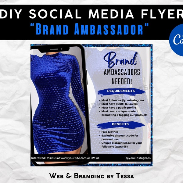 DIY Brand Ambassador Template, Editable Affiliate Flyer, Canva Template, Blue Social Media Flyer Template