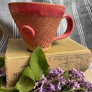 May include: A handcrafted ceramic mug with a textured, woven design and a button detail. The mug is predominantly reddish-orange with a darker red rim and handle. It rests on old books, with purple flowers and green leaves in the foreground.