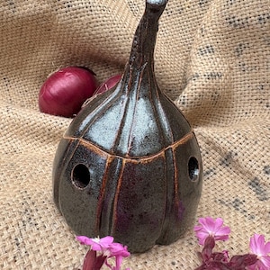 May include: A dark brown ceramic garlic keeper with a stem and two round holes. The keeper sits on a burlap surface with a red onion and pink flowers. The keeper has a glossy finish and a rustic design.