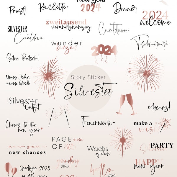 40+ INSTAGRAM STORY STICKER | Silvester | 2024 | New Years Eve | Party | Celebrate | Rose Gold