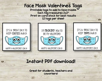 Face Mask Valentine Card Printable Tag DIY Covid Friendly School Kid Valentine