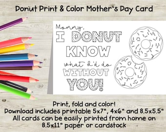 Donut Themed Print and color mothers day card instant download diy