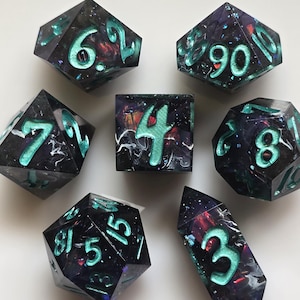 Dark Side - 7 Piece Sharp Edge Dice, Handmade, Resin Dice Set, Dungeon and Dragons, Rpg Dice, Ribbon Dice, Space Dice