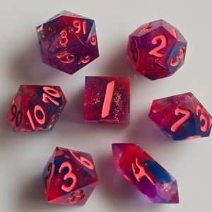 Farie Clouds - Handmade, Sharp Edge Resin Dice Set, 7 Piece dice set, Dungeons and Dragons, RPG Dice, Neon Dice, Fluorescent Dice