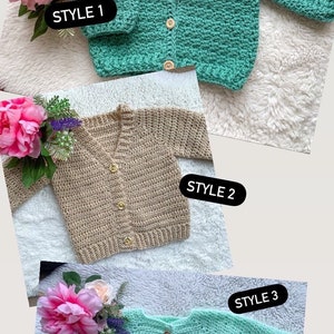 May include: Three crocheted cardigans labeled Style 1, Style 2, and Style 3. Style 1 is teal with wooden buttons. Style 2 is tan with gold buttons. Style 3 is mint green with wooden buttons. Each cardigan features long sleeves and a button-front.