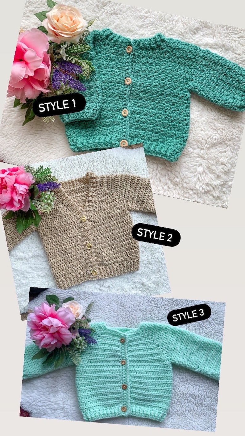 May include: Three crocheted cardigans labeled Style 1, Style 2, and Style 3. Style 1 is teal with wooden buttons. Style 2 is tan with gold buttons. Style 3 is mint green with wooden buttons. Each cardigan features long sleeves and a button-front.