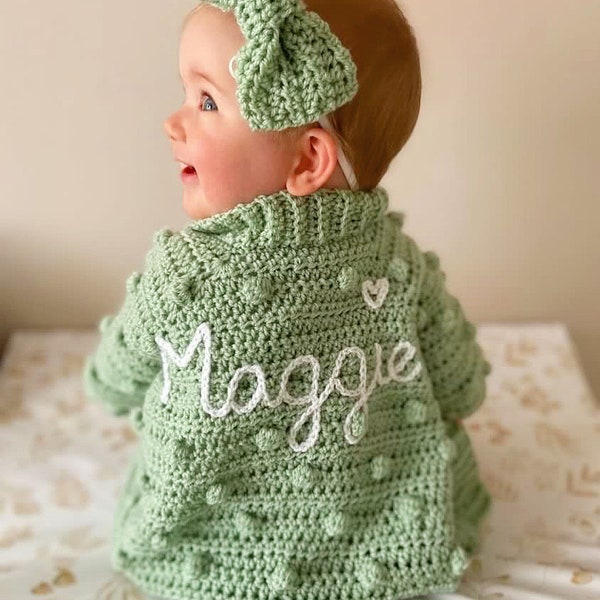 Personalised baby cardigan, hand embroidered name cardigan, new baby gift, coming home outfit, handmade baby cardigan, first birthday gift