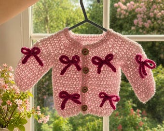 Personalised custom baby/kids name cardigan with bows, embroidered handmade baby name cardigan, gift for new baby