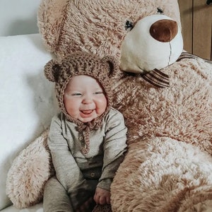 Crochet Teddy Bear Baby Bonnet, Handmade Photo Prop