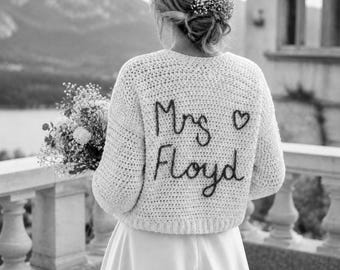 Embroidered Handmade Personalised Bridal Cardigan For Wedding, Just Married Sweater