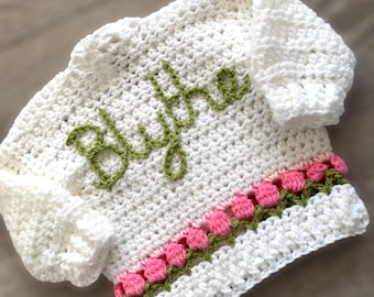Personalised handmade baby cardigan, hand embroidered name cardigan, new baby gift, coming home outfit, first birthday gift, baby keepsake