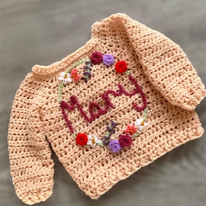 Personalised hand embroidered baby name jumper, new baby girl gift keepsake, coming home outfit, handmade baby jumper, first birthday gift