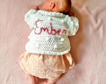 Personalised baby cardigan, hand embroidered name cardigan, new baby gift, coming home outfit, handmade baby cardigan, first birthday gift