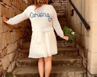 Cárdigan de novia personalizado hecho a mano bordado a mano, cárdigan de boda para recién casados, regalo para novia y damas de honor, suéter de novia
