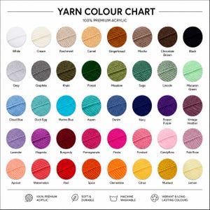 May include: A yarn color chart featuring 100% premium acrylic yarn in 40 distinct circular swatches. The grid displays a wide spectrum of colors including white, cream, browns, greens, blues, purples, pinks, reds, oranges, and yellows with labels.