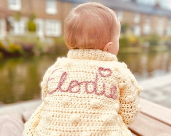 Personalised name knit baby cardigan gift, Newborn-7 years embroidered name cardigan sweater, toddler first birthday gift, baby keepsake