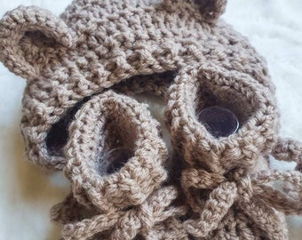 Crochet Bear Bonnet and Booties | handmade baby hat | teddy bear hat