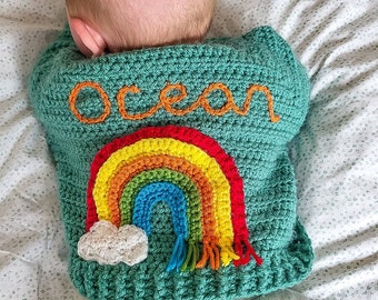 Personalised baby cardigan with rainbow | rainbow baby cardigan | coming home outfit | handmade baby cardigan | hand knit cardigan