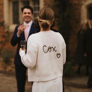 SEND IN SERVICE Personalised bride wedding cardigan hand embroidered, just married wedding cardigan, gift for bride image 1