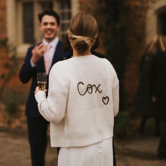 SEND IN SERVICE Personalised bride wedding cardigan hand embroidered, just married wedding cardigan, gift for bride