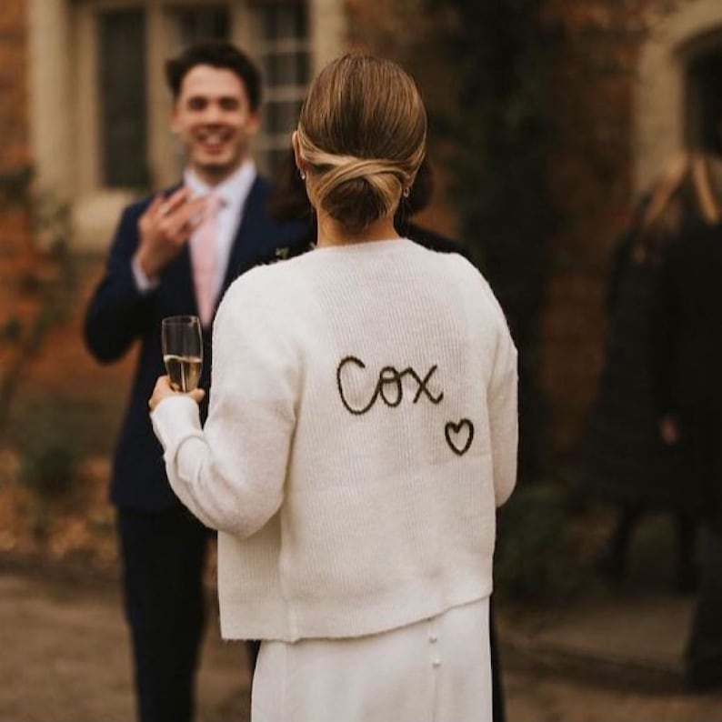 SEND IN SERVICE Personalised bride wedding cardigan hand embroidered, just married wedding cardigan, gift for bride image 1