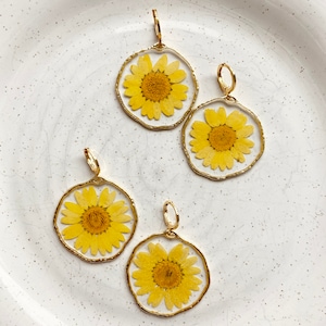 Yellow Dried Flower Gold Huggies Statement Earrings - Nickel Free Handmade - Boho - Gifts for Her - Celestial - Lightweight
