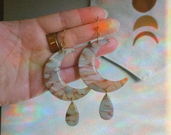 Crescent Moon Earrings - Faux Stone Dangle Earrings - Celestial Jewelry - Polymer Clay Earrings - Witchy Gift for Her - Boho Moon Jewelry