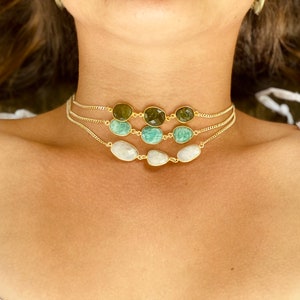 Three Stone Choker 15 inch Gold Filled Necklace - Handmade - Boho - Gifts for Her