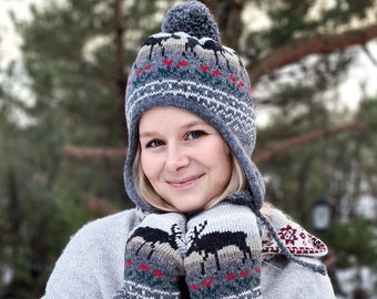 Fun Nordic style hat with earflaps and a pompom, Unisex Knitted Woolen Hat, Hat and Mittens Set, Earflap Beanie, Knit Accessories