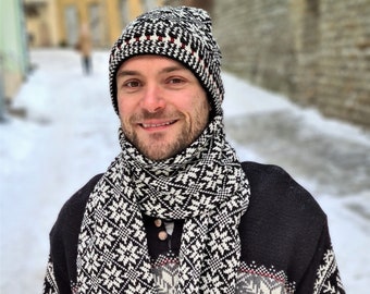 Ensemble bonnet et écharpe tricotés, bonnet et écharpe en laine Nordic Fair Isle, ensemble chapeau et écharpe d'hiver norvégien, accessoires tricotés, unisexe
