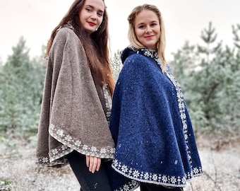 Knitted poncho with hood, Merino wool poncho, Fair Isle Nordic cape, Capes for Women, Nordic Sweater Poncho, Warm knitted cape for her