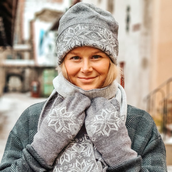 Bonnet en laine tricoté, bonnet nordique chaud en flocon de neige, bonnet d'hiver en laine mérinos, ensemble bonnet et écharpe mitaines, bonnet et écharpe de ski, accessoires en tricot