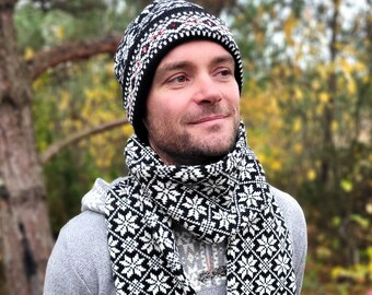 Knitted hat and scarf set, Nordic Fair Isle woolen beanie and scarf, Snowflake pattern winter hat and scarf set,  Knitted Accessories