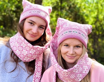 Bonnet et écharpe tricotés en laine, chapeau nordique tricoté long, bonnet motif flocon de neige, chapeau Long Faire Isle, accessoires d'hiver, cadeau pour elle