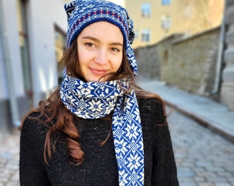 Wool Knitted hat and scarf set, Long Knitted Nordic Hat, Snowflake pattern beanie, Long Faire Isle hat, Winter Accessories, Gift for Her