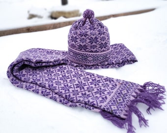 Ensemble bonnet et écharpe tricotés, bonnet et écharpe en laine Nordic Fair Isle, ensemble bonnet et écharpe motif flocon de neige, bonnet de ski, accessoires tricotés