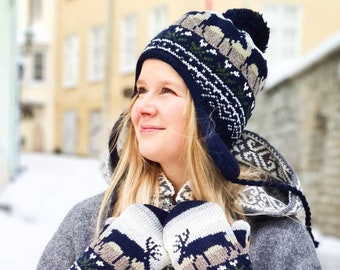 Fun Nordic style hat with earflaps and a pompom, Unisex Knitted Woolen Hat, Hat and Mittens Set, Earflap Beanie