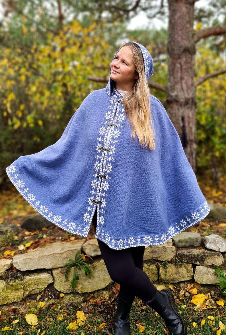 Knitted poncho with hood, Merino wool poncho, Fair Isle Nordic cape, Capes for Women, Nordic Sweater Poncho, Warm knitted cape for her image 1