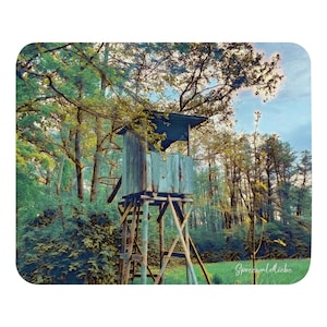 Könnte beinhalten: Ein hölzerner Jagdstand mit grün gestrichenem Äußeren, der auf einer Holzplattform mit einer Leiter steht. Der Stand befindet sich in einer Waldumgebung mit hohen Bäumen und grünem Laub.