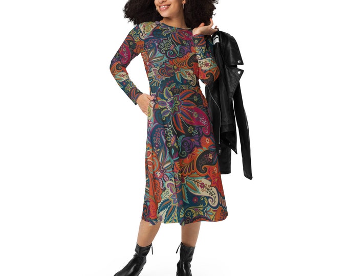 All-over print long sleeve midi dress with pockets - Colorful Autumn - Spreewaldliebe