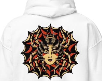 Ragno Geisha, Felpa con Cappuccio con Tatuaggio Tradizionale, Felpa con Tatuaggio, Abbigliamento con Tatuaggio Old School, Felpa con Cappuccio con Ragno, Felpa con Cappuccio con Arte Giapponese, Tatuaggio Giapponese