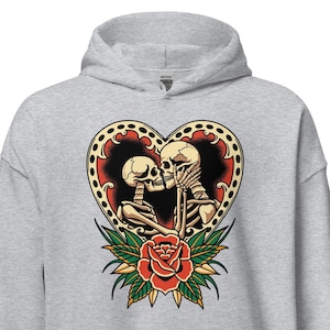 Gli Amanti, Felpa con cappuccio tatuaggio tradizionale, Tatuaggio vecchia scuola, Abbigliamento alternativo, Felpa con cappuccio Goth, Felpa con cappuccio scheletro, Abbigliamento gotico, Carta dei Tarocchi
